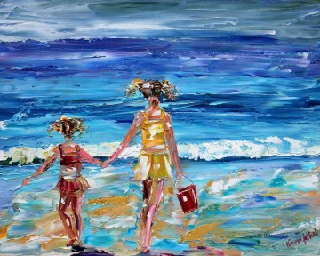 Chicas en la playa de pinturas gruesas Impresionismo infantil Pinturas al óleo